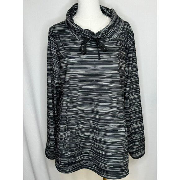 T By Talbots XL Womens Black White Striped Pullover Drawstring Cowl Neck  UPF 50 - Picture 1 of 9